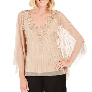 Adrianna Papell Beaded Kaftan Top in the Size Large in Champagne Color